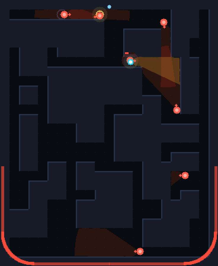 A guard's cone turned amber on the player, with a red line tracing the bottom and sides of the panel