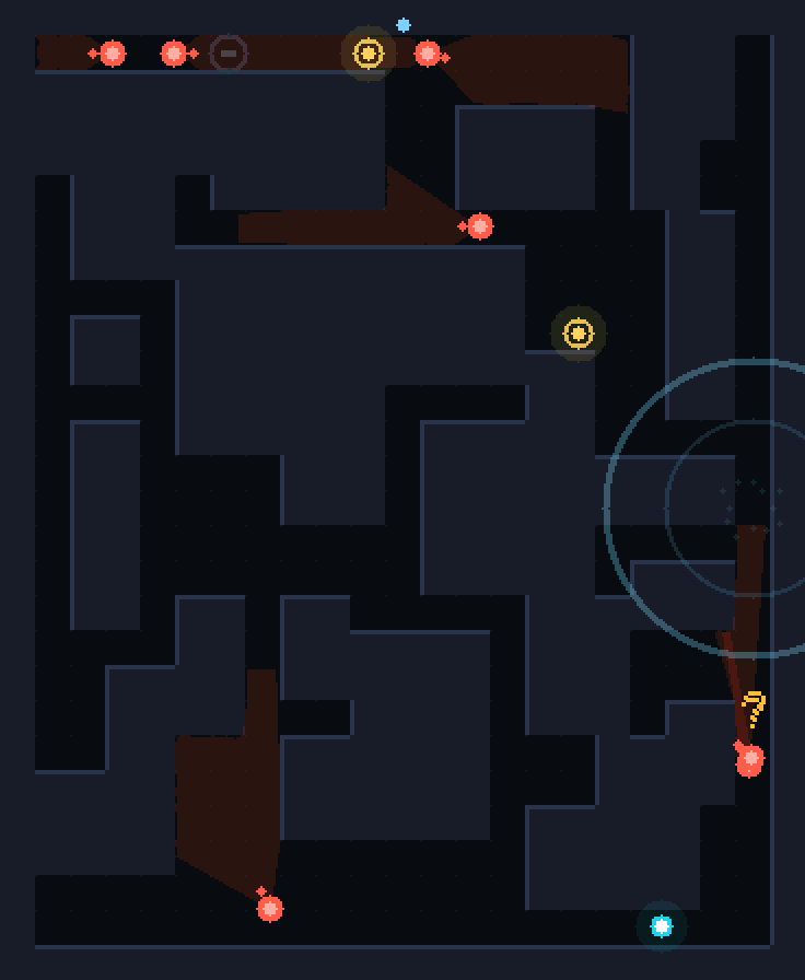A sound bomb's expanding ring, with a guard marked by a question mark heading towards it