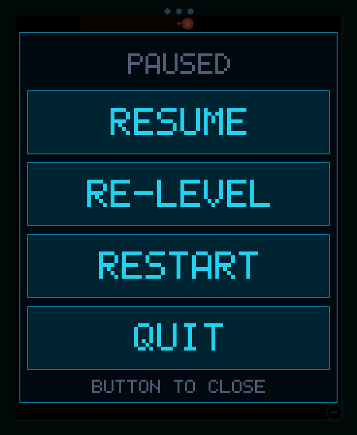 The pause menu: resume, re-level, restart, quit
