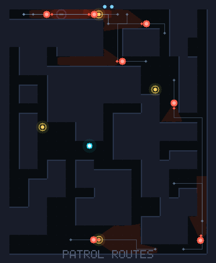 The maze with every guard's patrol drawn as a thin grey line