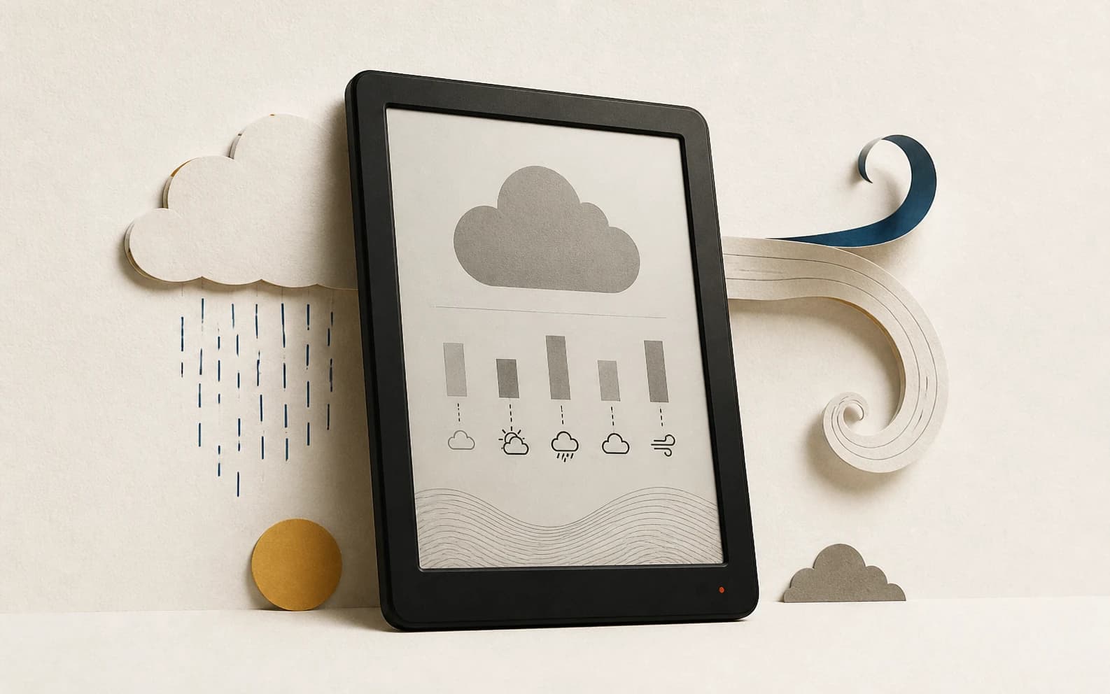 An e-reader weather station surrounded by layered paper clouds, rain, and wind
