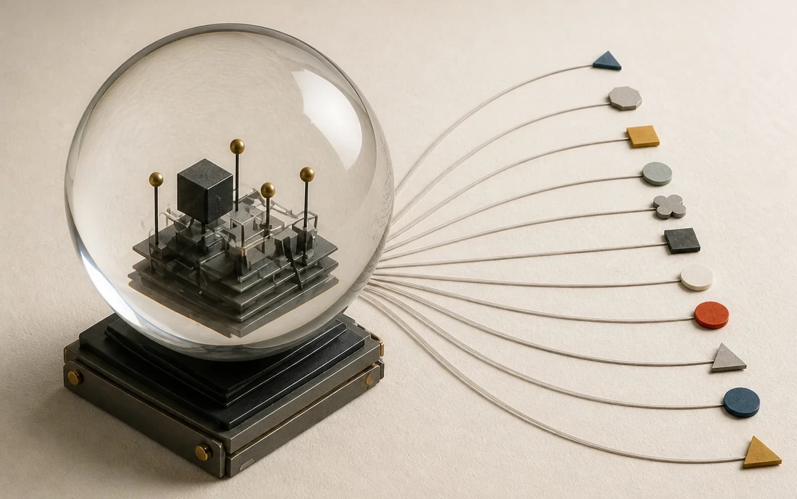 A crystal ball containing a small machine with eleven possible futures emerging from it