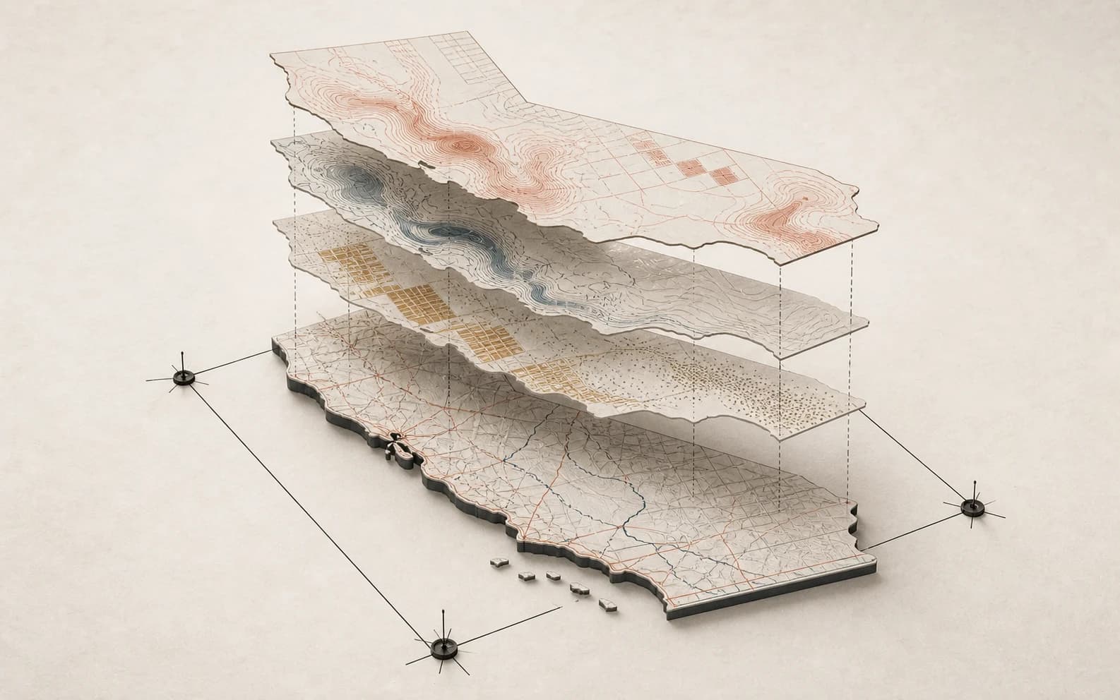 Layered paper maps of California converging into alignment inside a registration frame