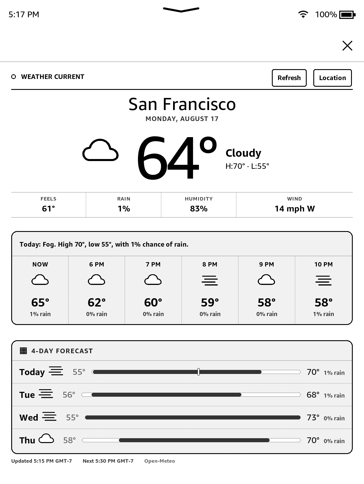 The finished monochrome weather dashboard running on a Kindle Oasis
