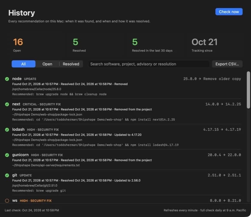 Shipshape's History tab listing resolved recommendations, each with when it was found, when it was resolved and how