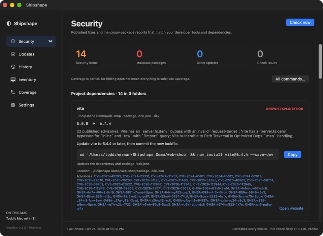 Shipshape's Security tab showing fourteen security items across three demo projects, with the update command for the first one ready to copy
