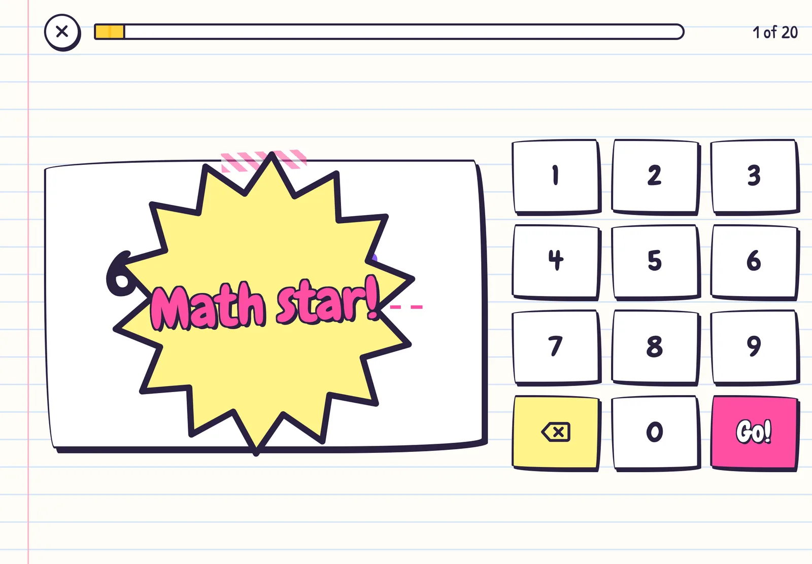 A yellow comic-book starburst reading Math star! over the question card