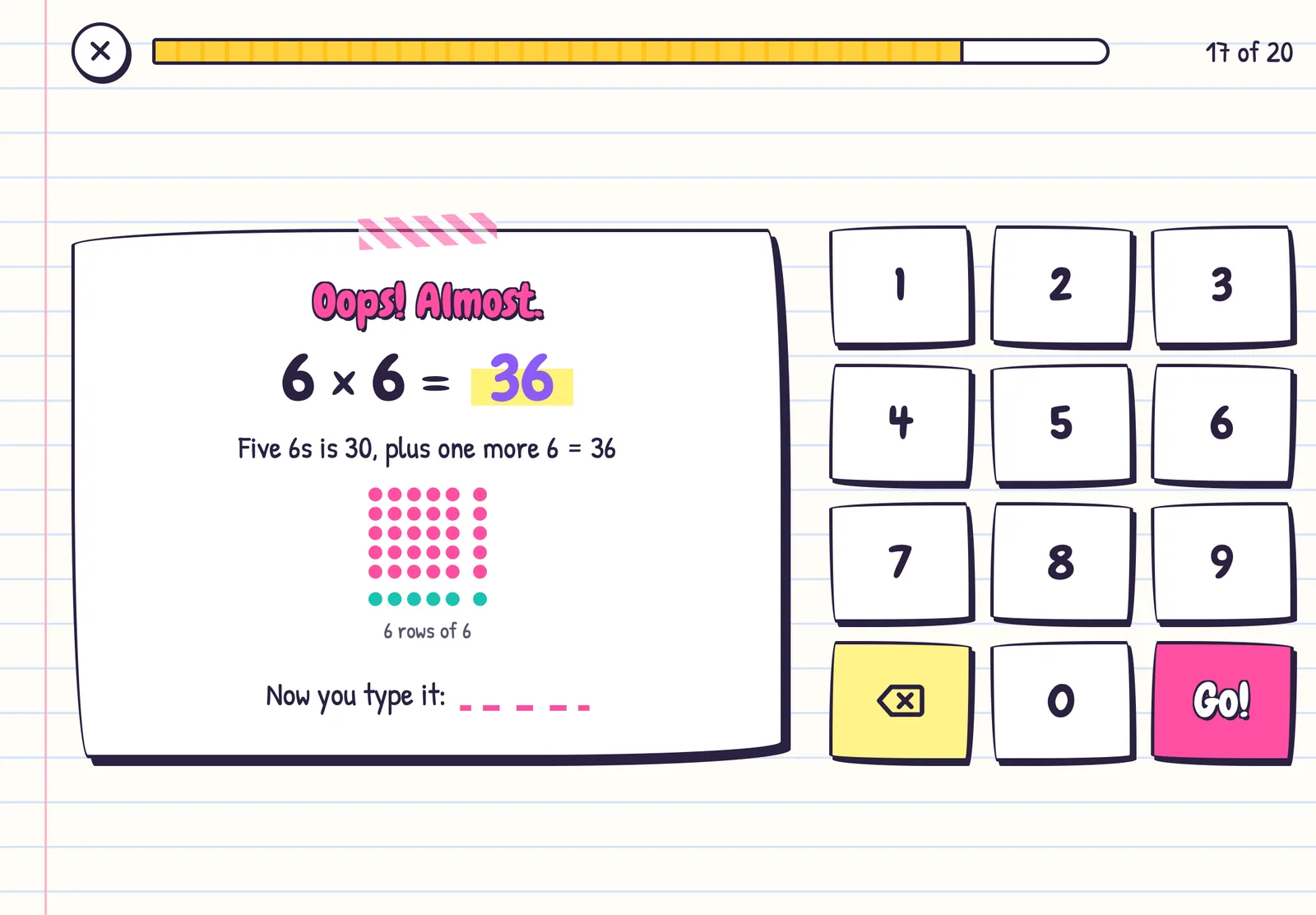 After a miss: 6 × 6 = 36 with the hint five 6s is 30, plus one more 6, and a dot array of five pink rows and one teal row
