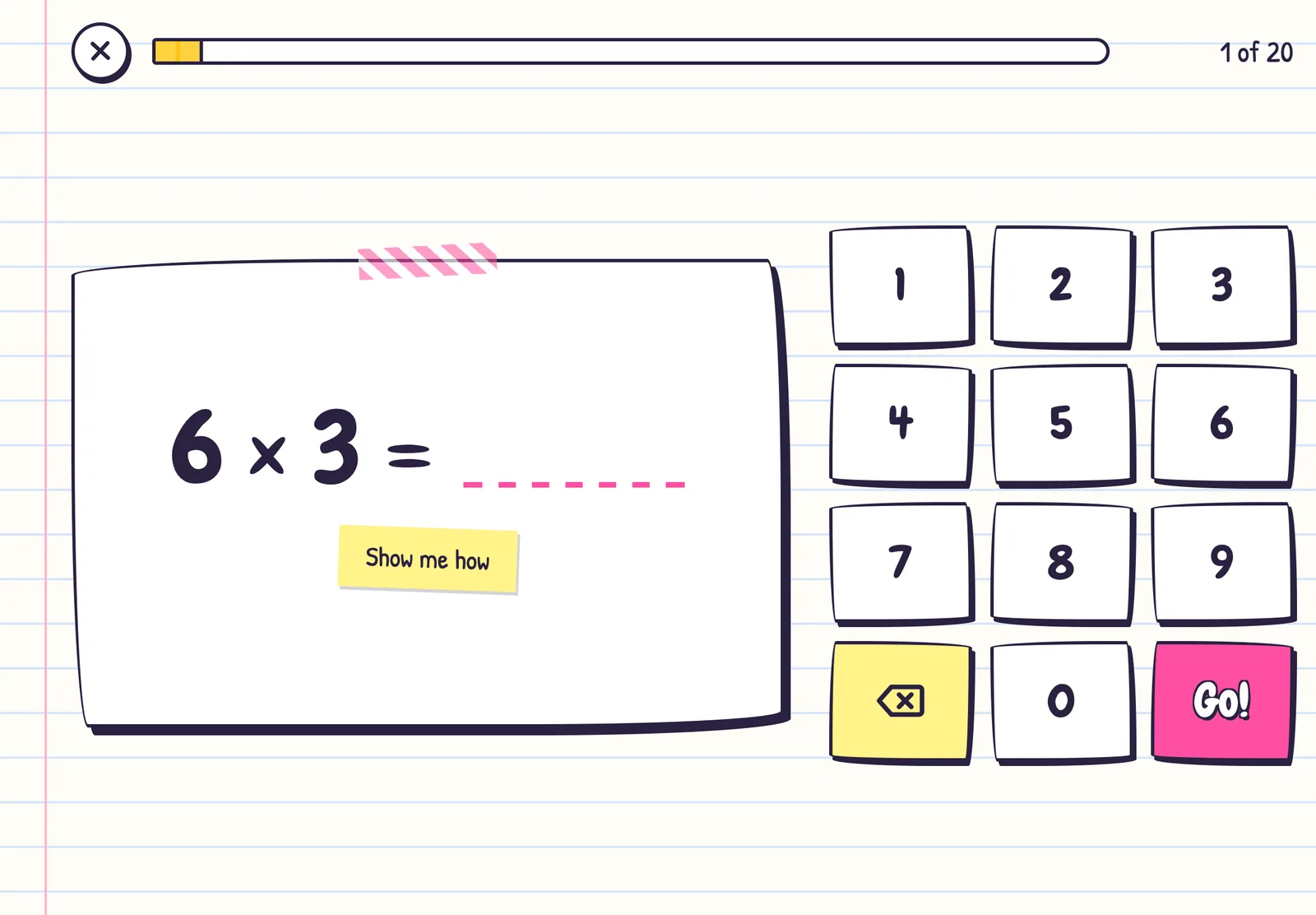 A practice question, 6 × 3, beside a large handmade number pad