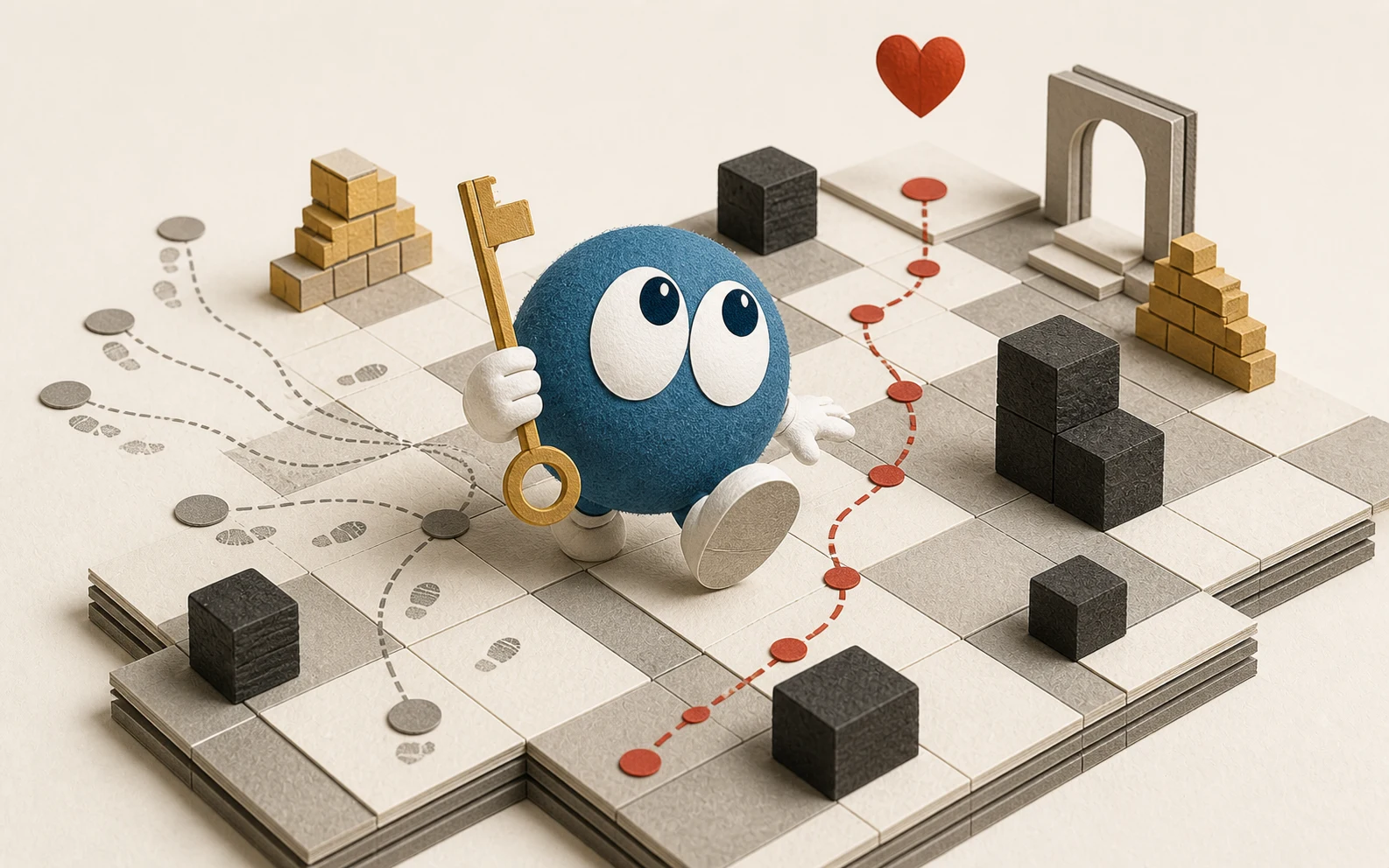 A paper-cut Lolo crossing a puzzle board toward a heart along branching experiment traces