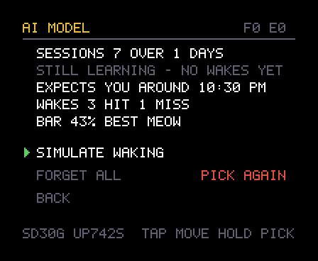 A screen headed AI MODEL showing sessions, that it is still learning, the hour it expects company, wake hit and miss counts, and its current threshold