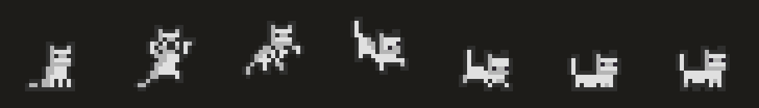 Seven frames of a pixel cat jumping straight up