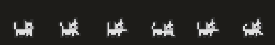 Six frames of a pixel cat reaching out a paw