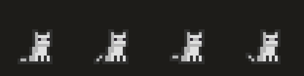 Four frames of a pixel cat sitting and facing forward, tail moving