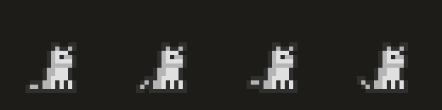 Four frames of a pixel cat sitting in profile, tail moving