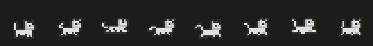 Eight frames of a pixel cat walking, tail swinging