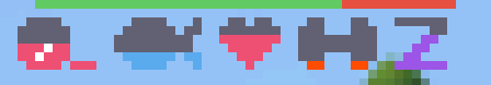 Five pixel icons: yarn ball, fish, heart, dumbbell, and letter Z, each half filled with colour