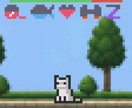 A grey and white pixel-art cat sitting in a green park under a blue sky, with five gauge icons across the top of the screen