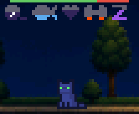 The park at night, near-black sky, the cat's eyes glowing green
