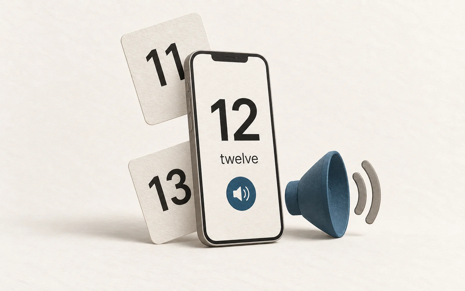 A smartphone displaying twelve between number flashcards and a speaker